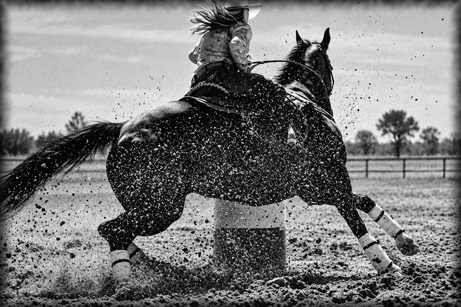 Jinete entrenando vuelta de barril bajo la llovizna